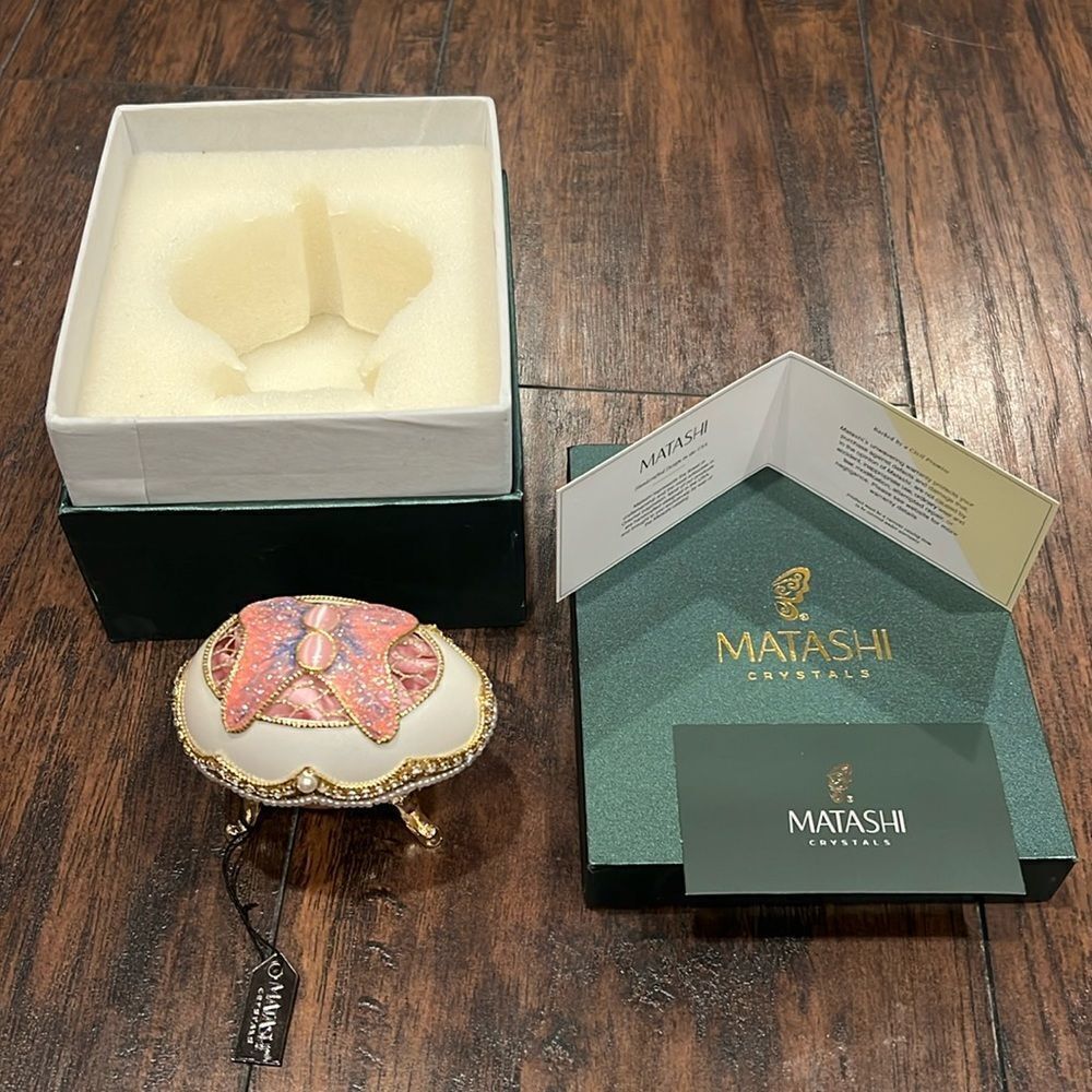 Matashi Pink Butterfly Eggshell Trinket Music Box “Fur Elise” Crystals Faberge